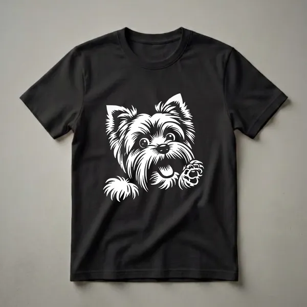 White graphic of a happy Yorkshire Terrier dog peeking with its tongue out and one paw raised, on a black background.