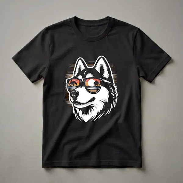 Black and white graphic of a Siberian Husky wearing black sunglasses reflecting a tropical sunset with palm trees and ocean.