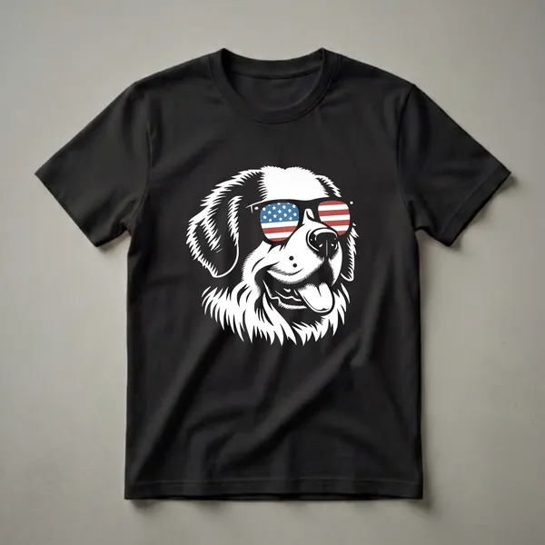 White graphic of a Saint Bernard dog wearing sunglasses with the American flag design, printed on a black t-shirt.
