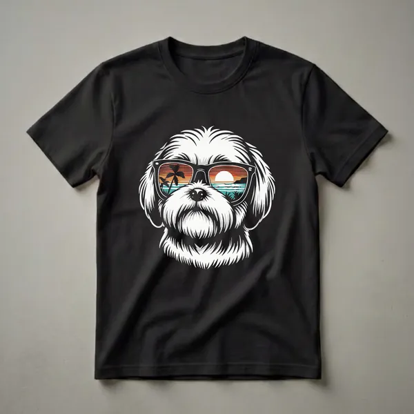 White Shih Tzu dog wearing black sunglasses with a vibrant sunset beach scene reflected in the lenses, on a black background.