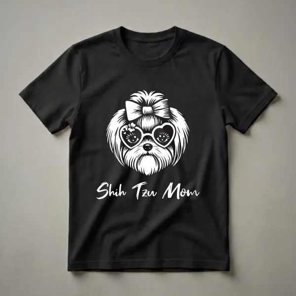 White graphic of a Shih Tzu dog face with heart sunglasses and a bow, with 'Shih Tzu Mom' text below, on a black background.