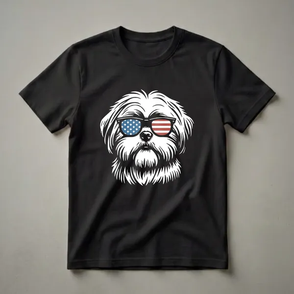 White Shih Tzu dog wearing sunglasses with American flag design on the lenses, graphic t-shirt.