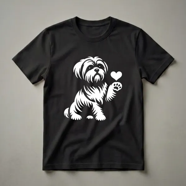 White graphic of a Shih Tzu dog sitting and holding a heart with its paw, on a black background. The dog has long, flowing fur and a sweet expression.