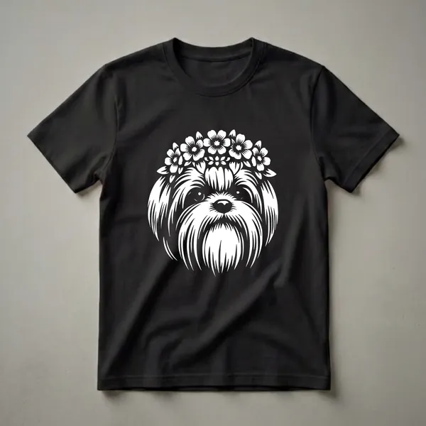 White graphic of a Shih Tzu dog wearing a flower crown on a black background, featuring the dog's face and flowing fur.