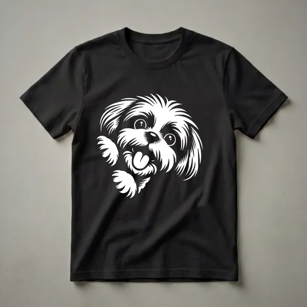 White graphic of a Shih Tzu dog's face peeking from the side with its tongue out, on a black shirt.