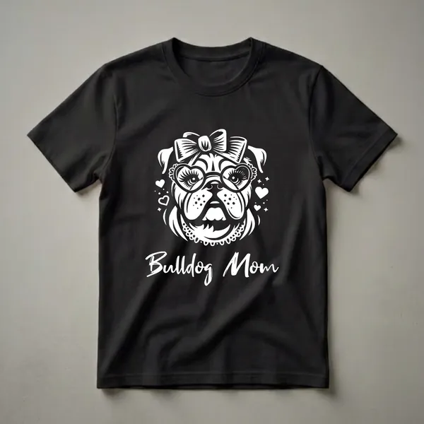 White graphic design of an English Bulldog wearing a bow and heart-shaped glasses, with the text 'Bulldog Mom' below, on a black shirt.