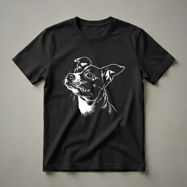 White line art illustration of a Rat Terrier dog's face with alert eyes and perked ears, set against a black background.