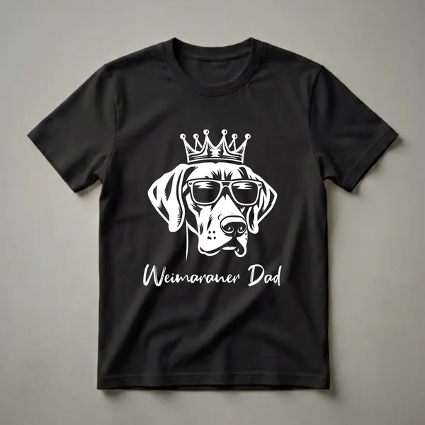 White graphic of a Weimaraner dog wearing sunglasses and a crown, with the text 'Weimaraner Dad' below, on a black t-shirt.