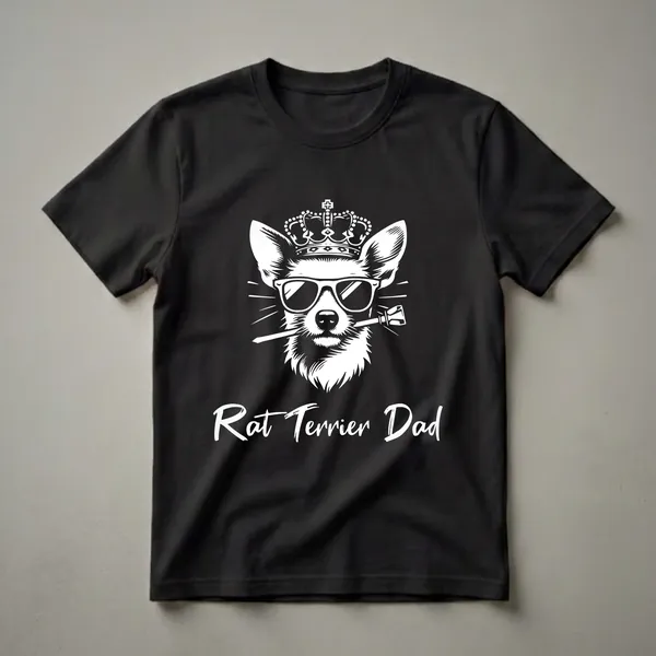 Black t-shirt with a white graphic of a Rat Terrier wearing sunglasses and a crown, holding a cigar, with the text 'Rat Terrier Dad' below.
