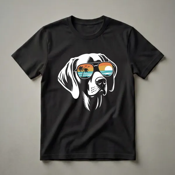 Black t-shirt featuring a white graphic of a Weimaraner dog wearing sunglasses, with a beach sunset scene reflected in the lenses.