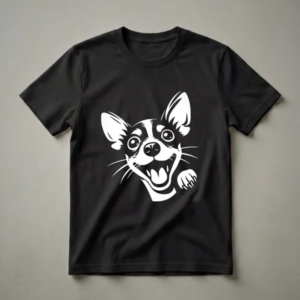 White graphic of a happy Rat Terrier dog peeking from the side with its tongue out and one paw raised, on a black background.