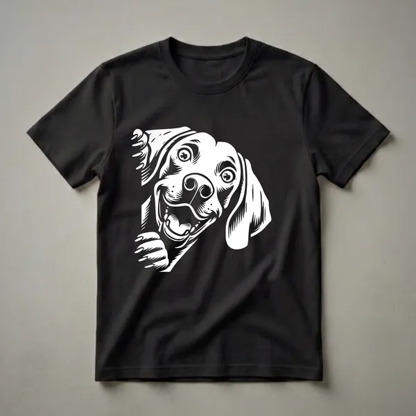 White graphic of a happy, peeking Weimaraner dog with wide eyes and an open mouth, set against a black background.