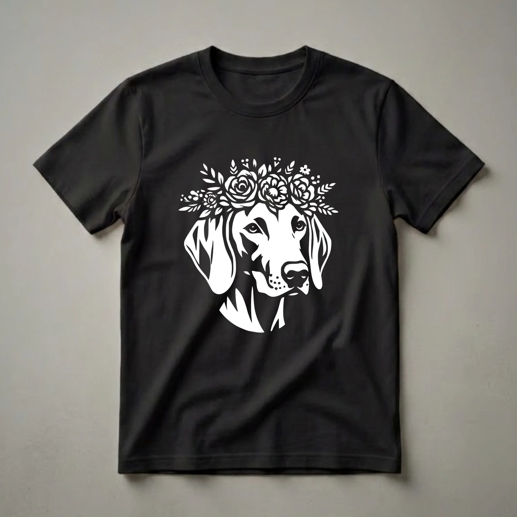 White stencil graphic of a Weimaraner dog wearing a crown of roses and leaves against a black background.