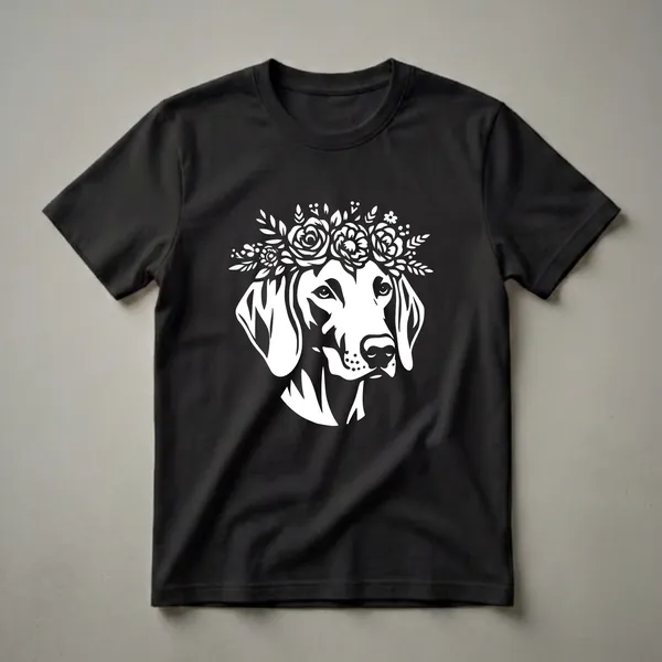 White stencil graphic of a Weimaraner dog wearing a crown of roses and leaves against a black background.