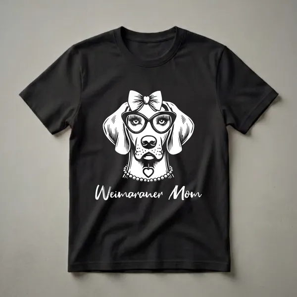 White graphic of a Weimaraner dog wearing large glasses, a bow, and a pearl necklace, with the text 'Weimaraner Mom' below, on a black t-shirt.