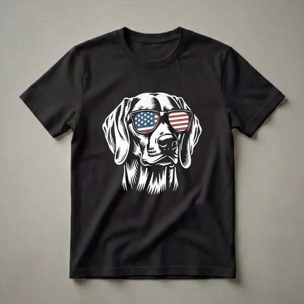 Black t-shirt with a white engraving-style Weimaraner dog head wearing rectangular sunglasses with red, white, and blue American flag lenses.