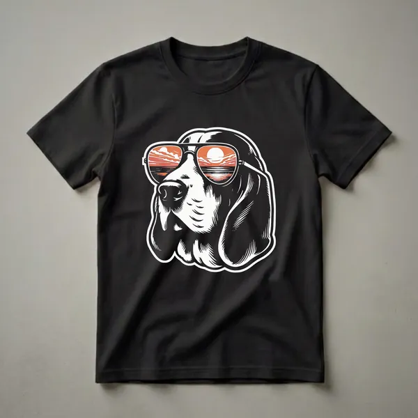 Black and white graphic t-shirt featuring a Basset Hound wearing aviator sunglasses, with a vibrant orange sunset and ocean reflection visible in the lenses.