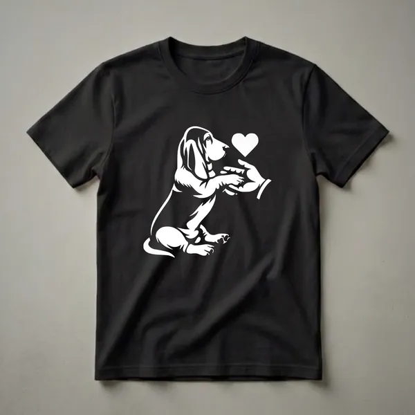 White graphic of a Basset Hound dog sitting and reaching for a heart held by a human hand, on a black t-shirt.