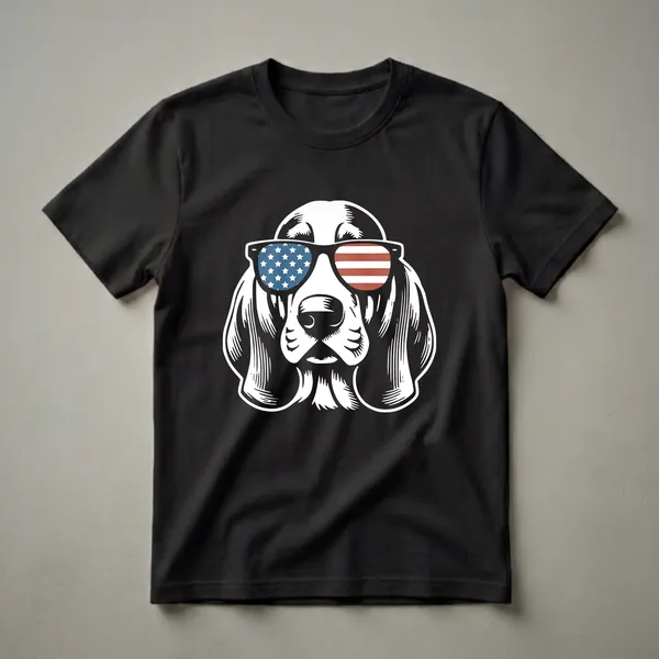 White graphic t-shirt featuring a Basset Hound wearing sunglasses with the American flag design on the lenses.