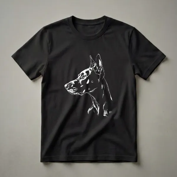 Black t-shirt with a white line art illustration of a Doberman Pinscher's head in profile, showcasing its alert ears and focused expression.