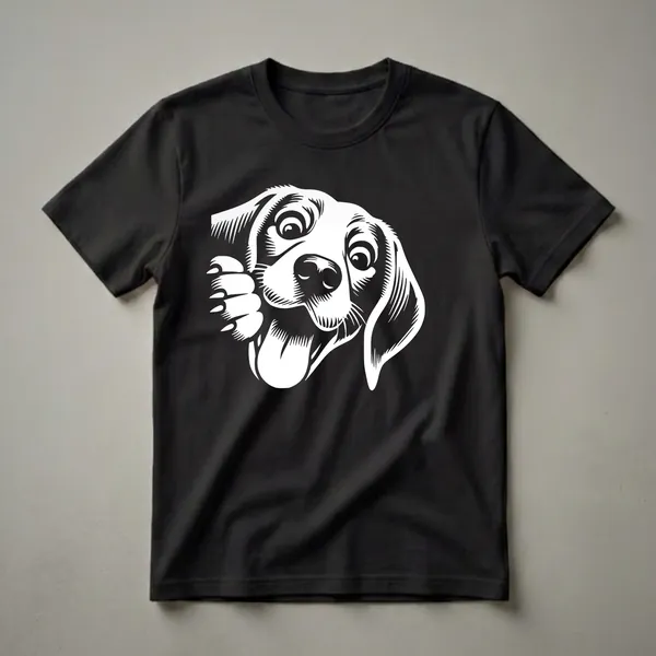 White linework graphic of a Beagle dog's face peeking from the side with its tongue out, on a black background.