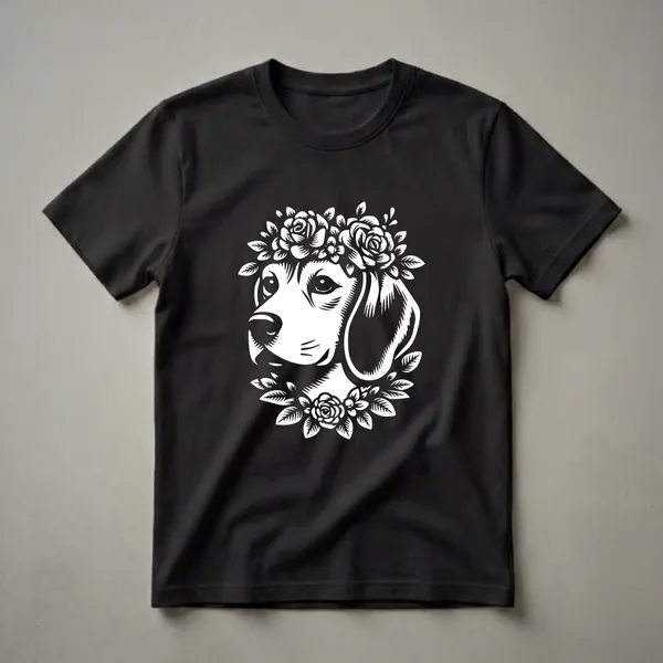 Black t-shirt with a white graphic of a beagle's head wearing a floral crown and surrounded by floral accents.