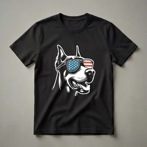 Black graphic t-shirt featuring the head of a Doberman Pinscher wearing sunglasses designed with the American flag, showing stars and stripes.