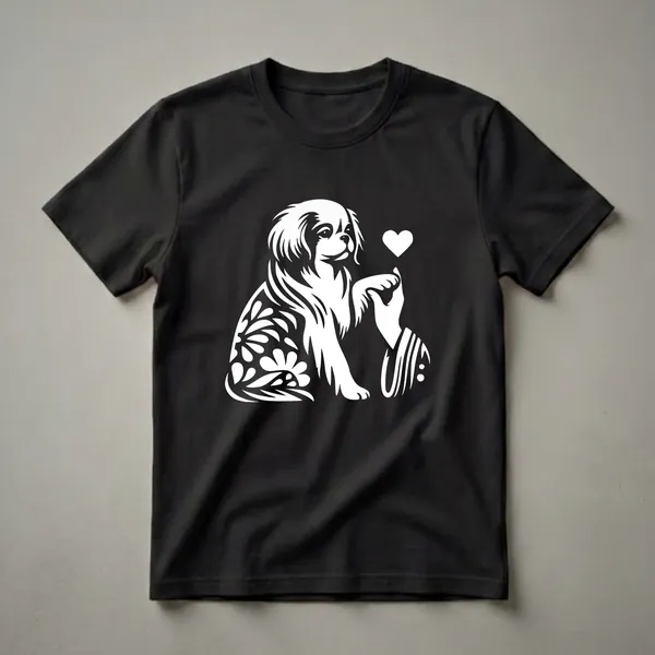 Black t-shirt featuring a striking white graphic of a Japanese Chin dog's face with a heart symbol, perfect for dog moms.