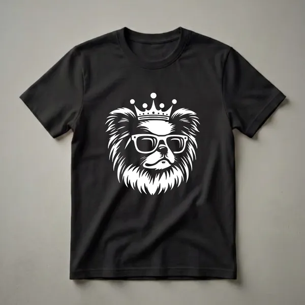 White graphic of a Japanese Chin dog wearing a crown and sunglasses on a black t-shirt.