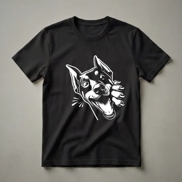 White line art graphic of a Doberman Pinscher's head peeking from the side with an open mouth and energetic splash marks, on a black t-shirt.