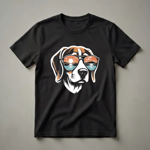 Black t-shirt featuring a stylized beagle dog wearing aviator sunglasses that reflect a sunset over water and distant hills.