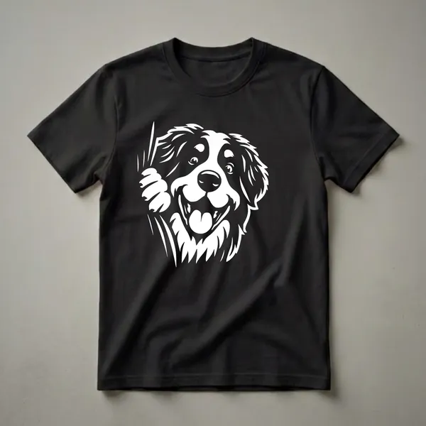 White graphic of a happy Bernese Mountain Dog peeking from the left side, with its tongue out and ears perked, on a black shirt.