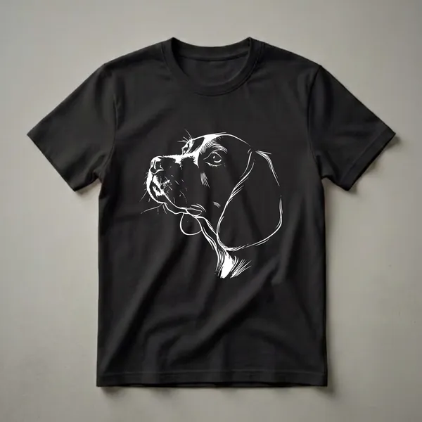 White line art sketch of a Beagle dog's head in profile, showing its expressive eyes and floppy ears, on a black t-shirt.