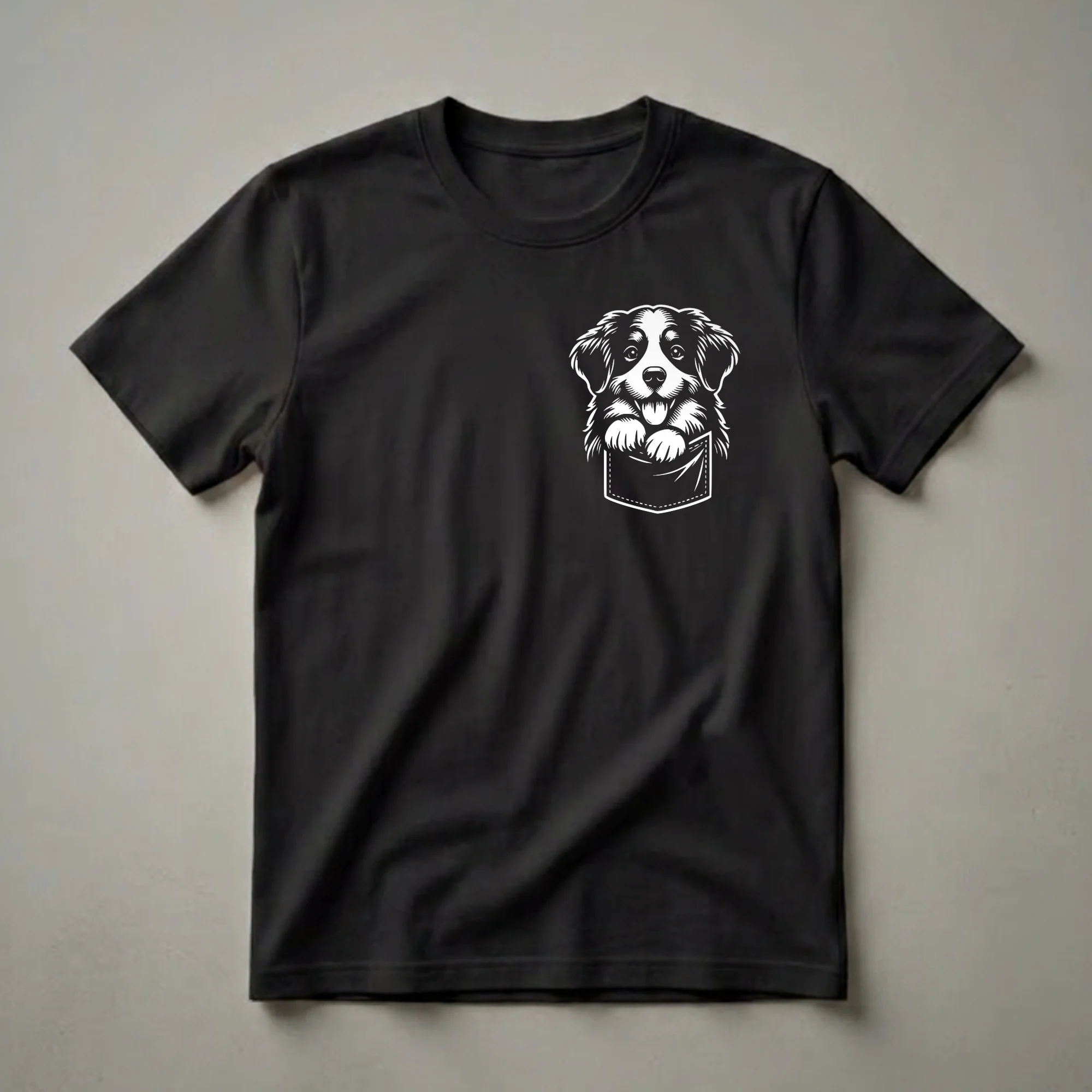 White line art illustration of a Bernese Mountain Dog puppy peeking out of a black pocket on a black t-shirt.