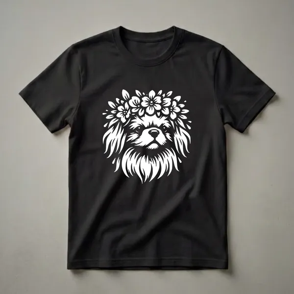 White graphic of a Japanese Chin dog's face wearing a floral crown against a black background.