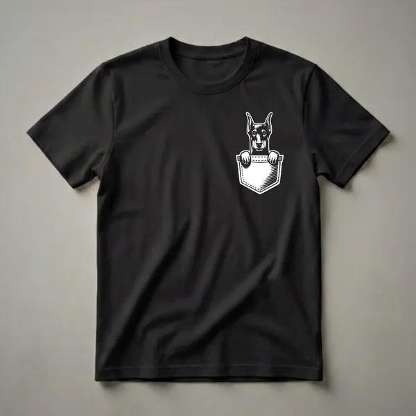 Black and white graphic of a Doberman Pinscher dog peeking out of a faux pocket, displayed on a black t-shirt.