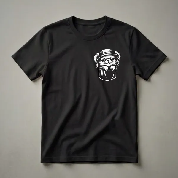 White graphic of a Japanese Chin dog wearing a hat, peeking out of a pocket, on a black t-shirt.