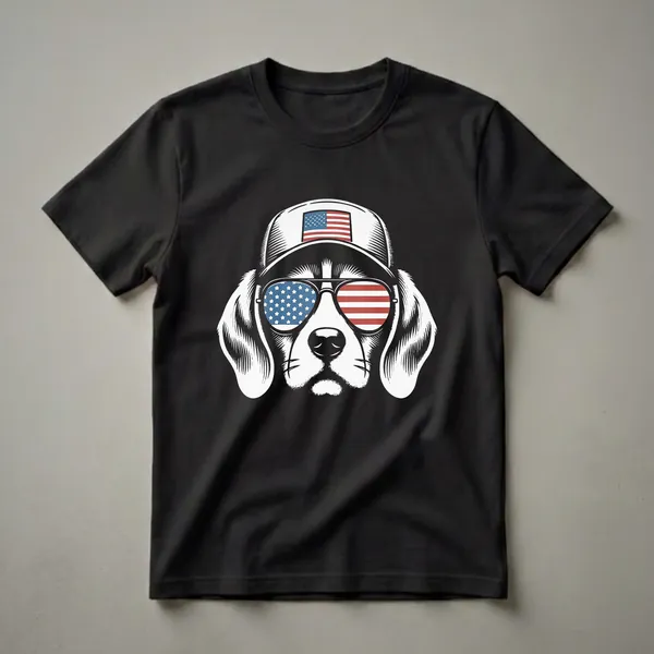 White graphic t-shirt featuring a black and white illustration of a beagle dog wearing a white baseball cap with an American flag patch and aviator sunglasses with American flag lenses.