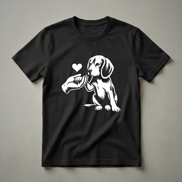 White graphic of a beagle puppy gently touching a human hand, with a white heart above, on a black t-shirt.