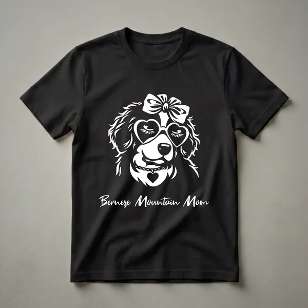 White graphic of a Bernese Mountain Dog wearing heart sunglasses and a bow, with 'Bernese Mountain Mom' text below, on a black t-shirt.