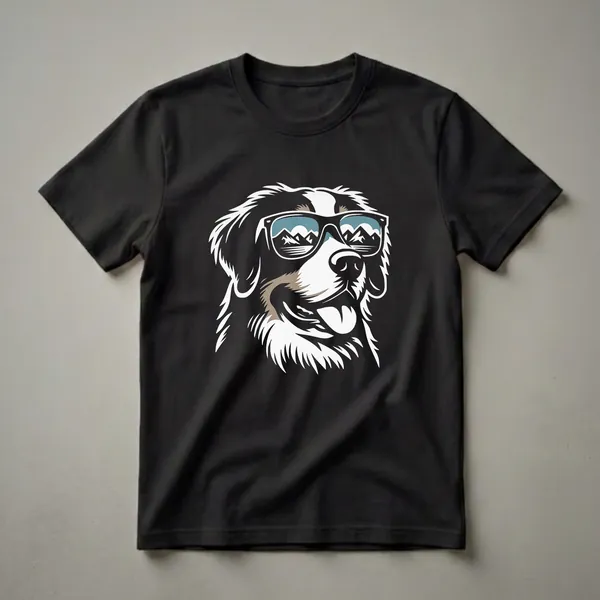 Black t-shirt featuring a graphic of a Bernese Mountain Dog's head wearing sunglasses that reflect a mountain landscape.