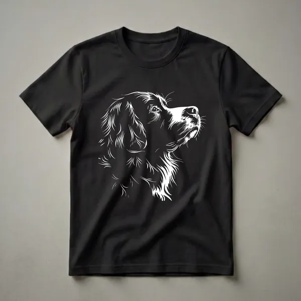 White line art illustration of a Bernese Mountain Dog's face in profile, looking upwards, on a black background.