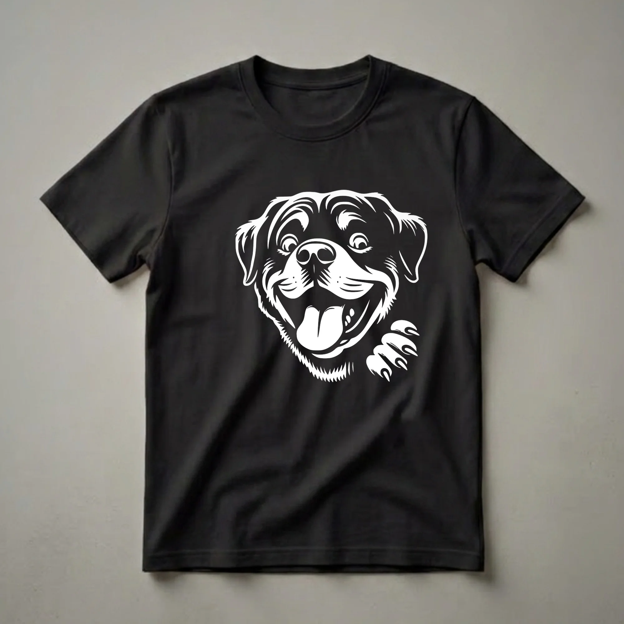 White graphic of a happy, peeking Rottweiler dog with its tongue out and a paw visible, on a black t-shirt.