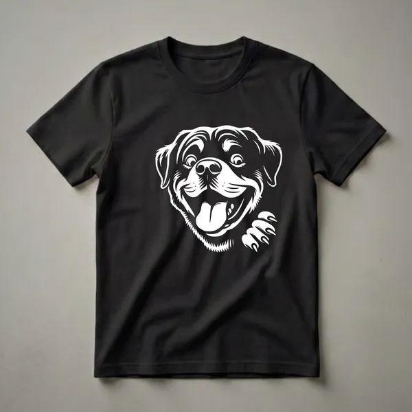 White graphic of a happy, peeking Rottweiler dog with its tongue out and a paw visible, on a black t-shirt.
