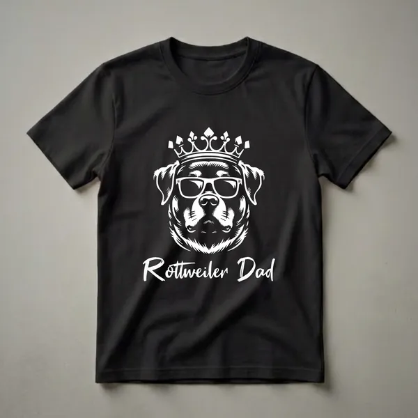 White graphic of a Rottweiler dog wearing sunglasses and a crown, with the words 'Rottweiler Dad' below, on a black t-shirt.
