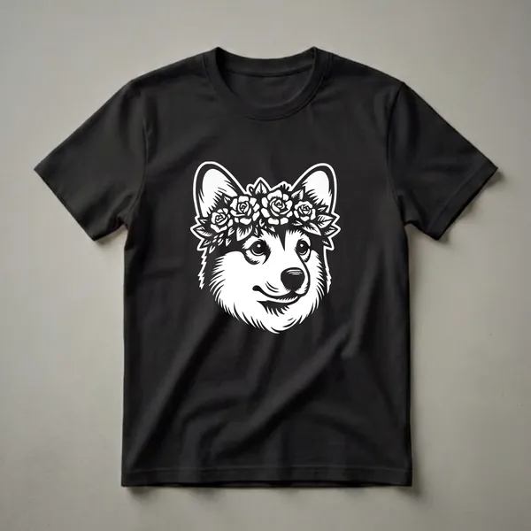 White graphic of a Corgi dog's face wearing a crown of roses and leaves, set against a black background.