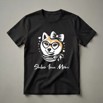 Shiba Inu Mom Graphic T-Shirt with Heart Glasses and Bow