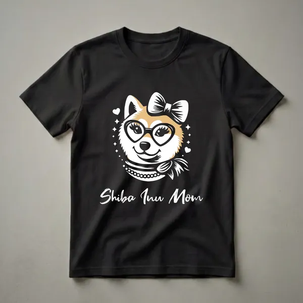 Black t-shirt featuring a stylized illustration of a tan and white Shiba Inu wearing heart-shaped glasses, a bow, and a pearl necklace, with the text 'Shiba Inu Mom' below.