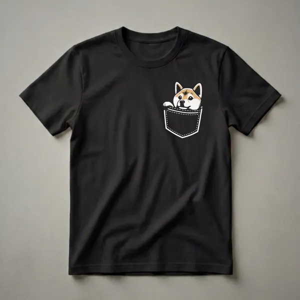 Black t-shirt featuring a cartoon Shiba Inu dog peeking out of a white stitched pocket with a happy expression.