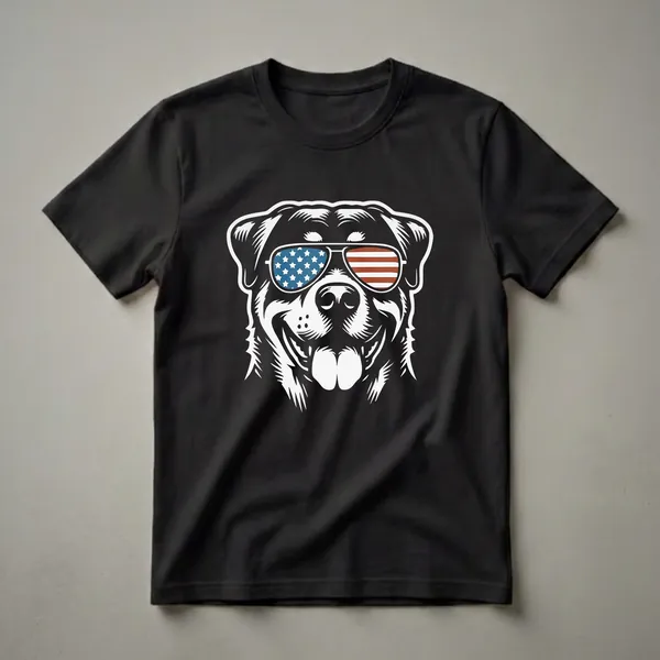 Black t-shirt featuring a white graphic of a Rottweiler dog wearing aviator sunglasses with the American flag design on the lenses.